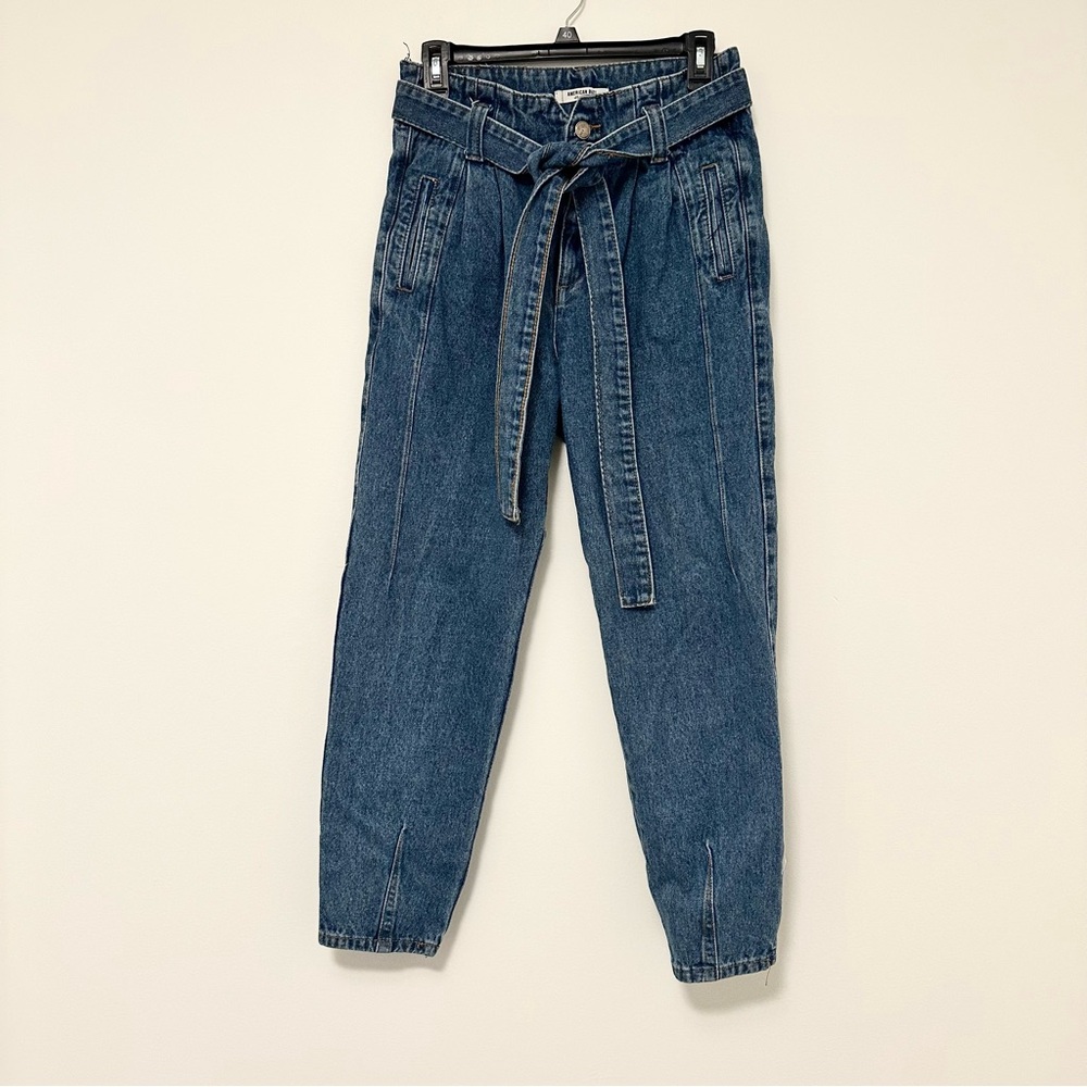 American Bazi Blue Belted Tie-Waist Cropped Barrel Jeans Paper Bag Waist Small
